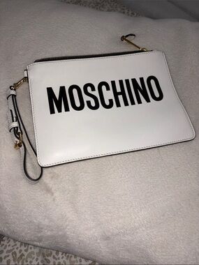 Moschino White Leather Logo Wristlet Clutch with Black Print